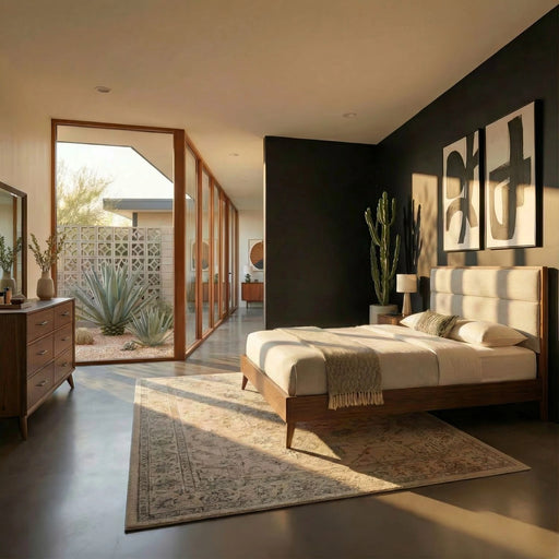 Century Modern Uph Platform Bed, Dresser & Mirror image