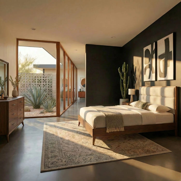 Century Modern Uph Platform Bed, Dresser & Mirror image