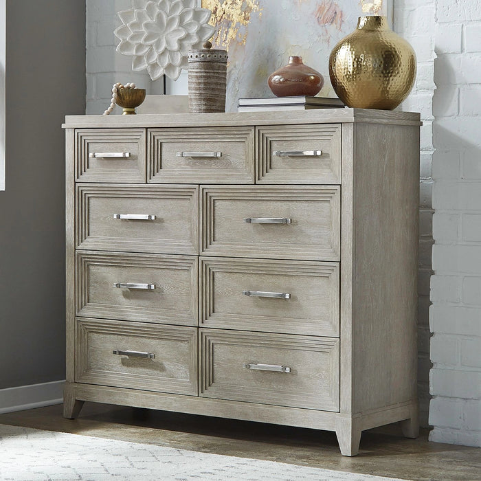 Belmar 9 Drawer Bureau Dresser in Washed Taupe and Silver Champagne image