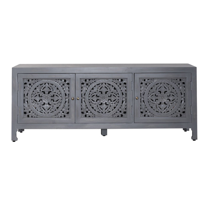 Marisol 65 Inch 3 Door Accent TV Stand in Weathered Honey and Soft Wash Gray - Plourde Furniture Co (Caribou, ME)