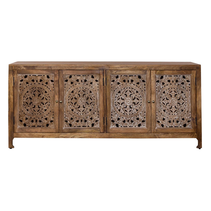 Marisol 74 Inch 4 Door Accent TV Stand in Weathered Honey and Soft Wash Gray - Plourde Furniture Co (Caribou, ME)