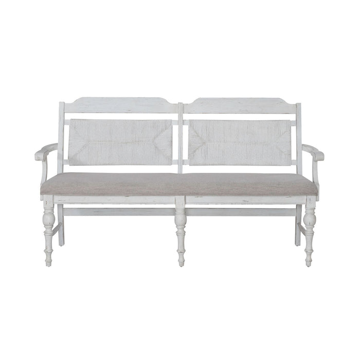 River Place Panel Back Bench in Riverstone White & Tobacco - Plourde Furniture Co (Caribou, ME)