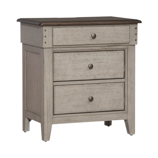 Ivy Hollow 3 Drawer Nightstand w/ Charging Station in Weathered Linen - Plourde Furniture Co (Caribou, ME)