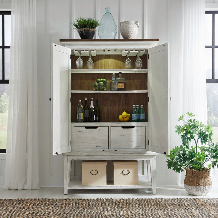 River Place Bar Cabinet in Riverstone White & Tobacco EST SHIP TIME APPX 4 WEEKS image