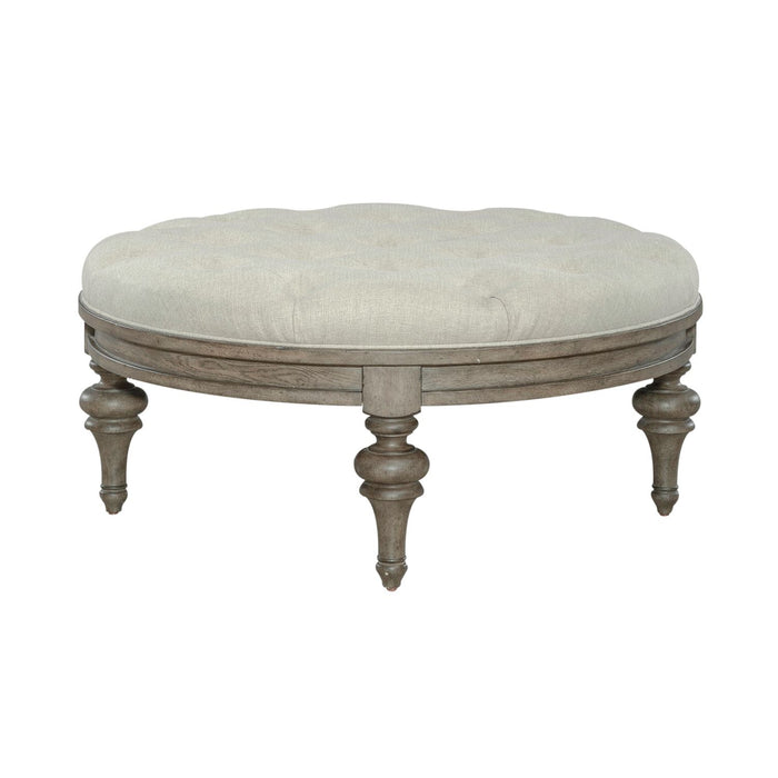 Americana Farmhouse Round Cocktail Ottoman in Dusty Taupe - Plourde Furniture Co (Caribou, ME)