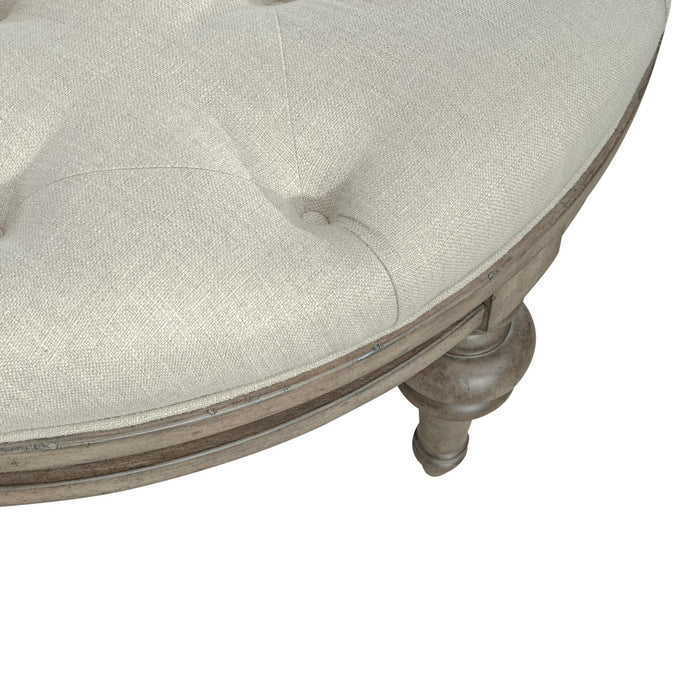 Americana Farmhouse Round Cocktail Ottoman in Dusty Taupe - Plourde Furniture Co (Caribou, ME)