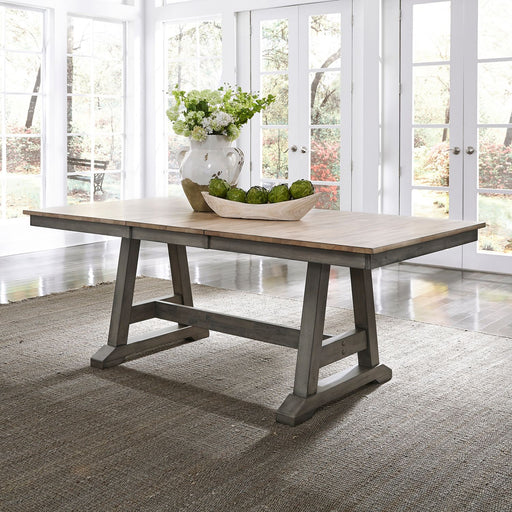 Liberty Furniture Lindsey Farm Trestle Dining Table in Gray and Sandstone image