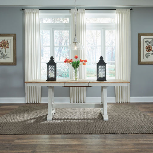 Liberty Furniture Lindsey Farm Trestle Dining Table in Weathered White & Sandstone image