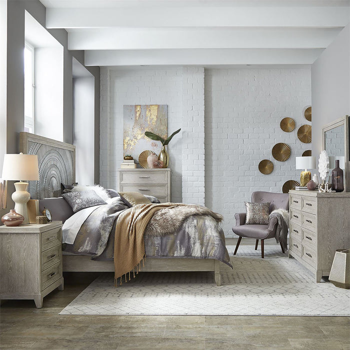 Liberty Furniture Belmar King Panel Bed in Washed Taupe and Silver Champagne
