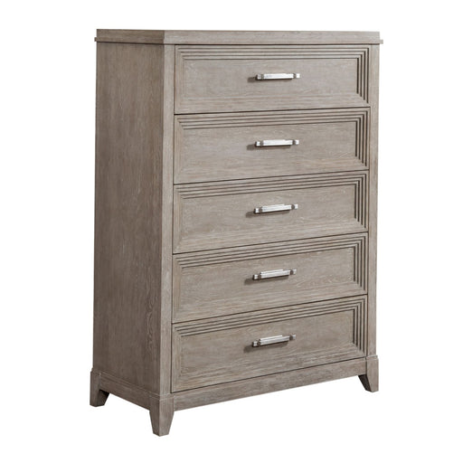 Belmar 5 Drawer Chest in Washed Taupe and Silver Champagne - Plourde Furniture Co (Caribou, ME)