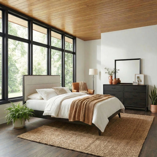 Century Modern Uph Platform Bed, Dresser & Mirror image