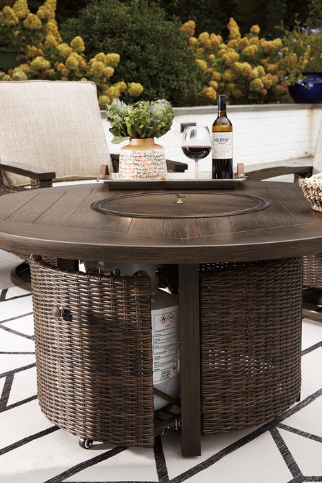 Paradise Trail Paradise Trail Fire Pit Table with 4 Nuvella Swivel Lounge Chairs - Plourde Furniture Co (Caribou, ME)