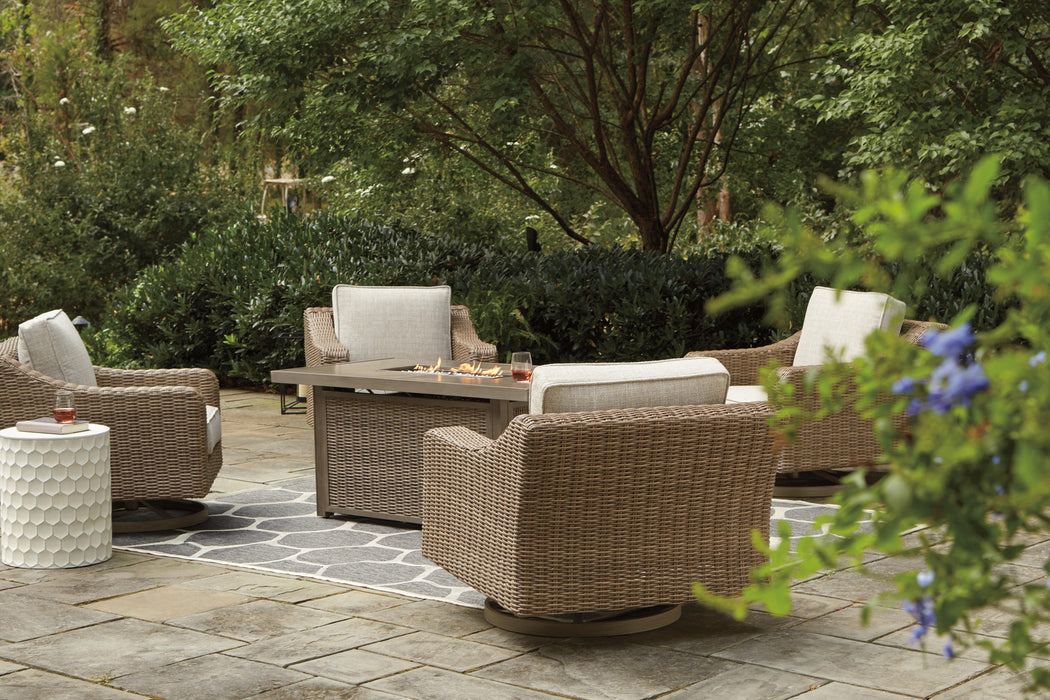 Beachcroft Beachcroft Fire Pit Table with Four Nuvella Swivel Lounge Chairs - Plourde Furniture Co (Caribou, ME)