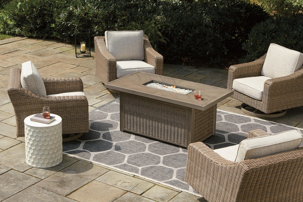 Beachcroft Beachcroft Fire Pit Table with Four Nuvella Swivel Lounge Chairs - Plourde Furniture Co (Caribou, ME)