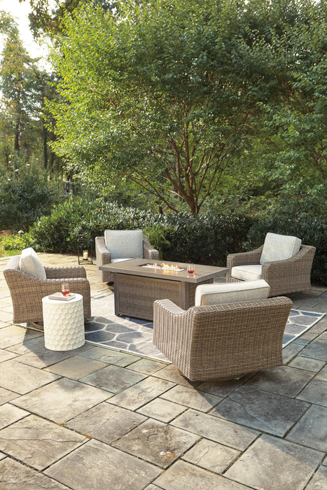 Beachcroft Beachcroft Fire Pit Table with Four Nuvella Swivel Lounge Chairs - Plourde Furniture Co (Caribou, ME)