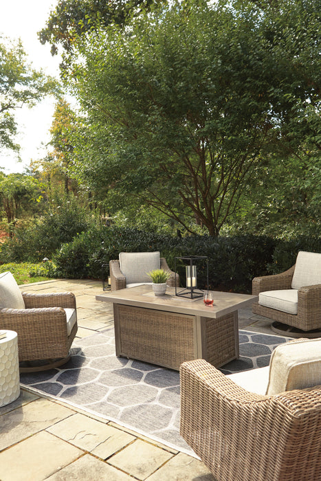 Beachcroft Beachcroft Fire Pit Table with Four Nuvella Swivel Lounge Chairs - Plourde Furniture Co (Caribou, ME)