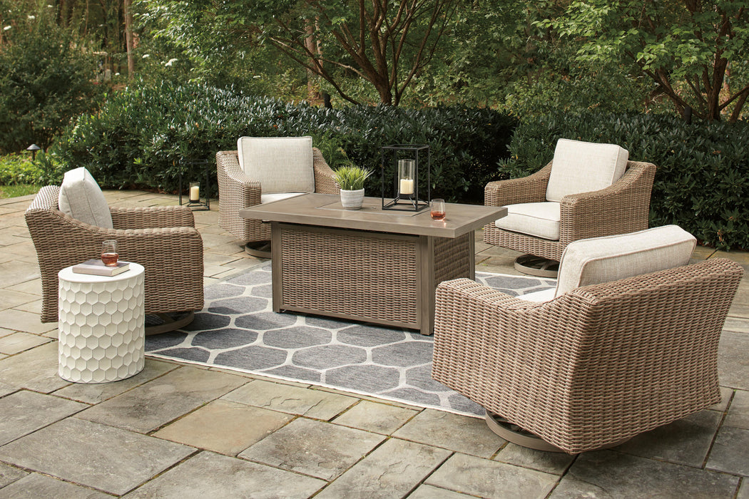 Beachcroft Beachcroft Fire Pit Table with Four Nuvella Swivel Lounge Chairs - Plourde Furniture Co (Caribou, ME)
