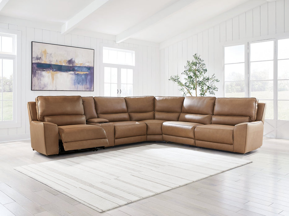 DeepWakes Reclining Sectional with Storage Console - Plourde Furniture Co (Caribou, ME)