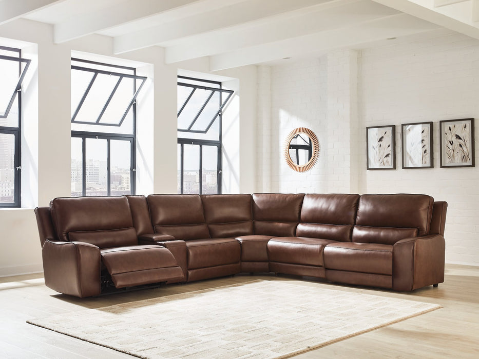 DeepWakes Reclining Sectional with Storage Console - Plourde Furniture Co (Caribou, ME)