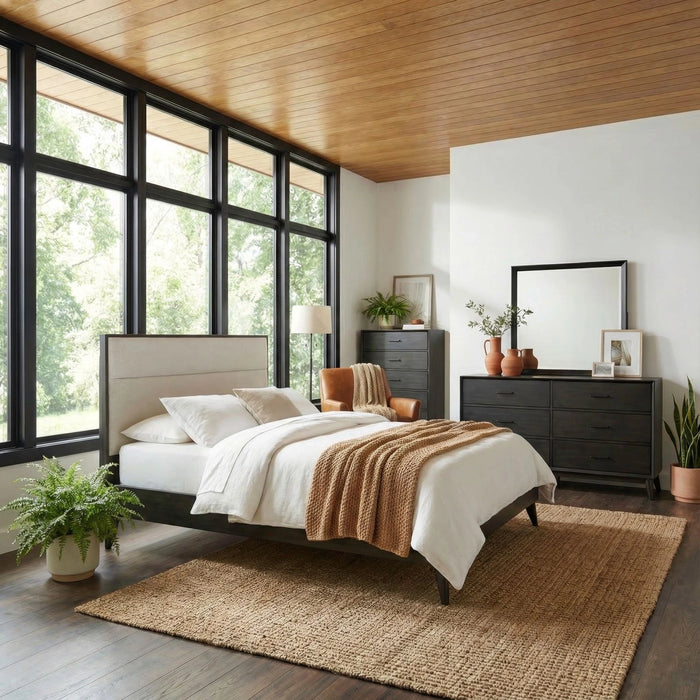 Century Modern Uph Platform Bed, Dresser & Mirror, Chest image