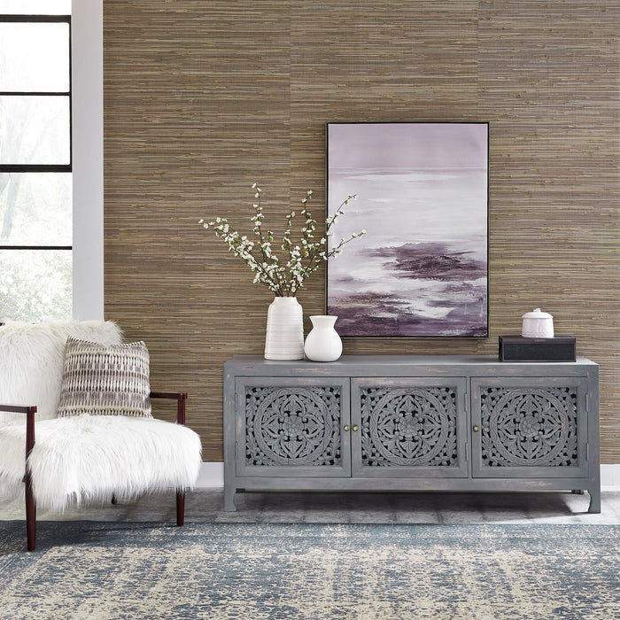 Marisol 65 Inch 3 Door Accent TV Stand in Weathered Honey and Soft Wash Gray image