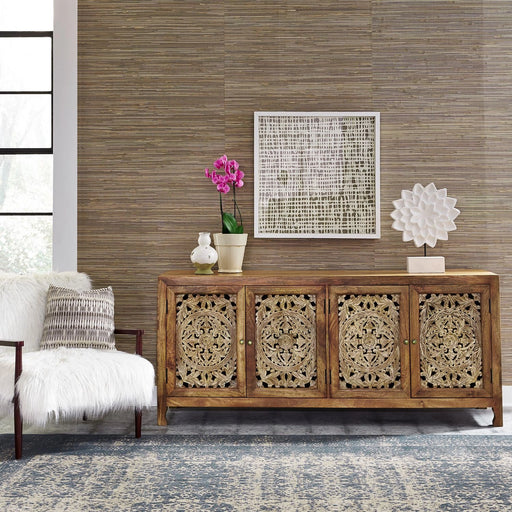 Marisol 74 Inch 4 Door Accent TV Stand in Weathered Honey and Soft Wash Gray image