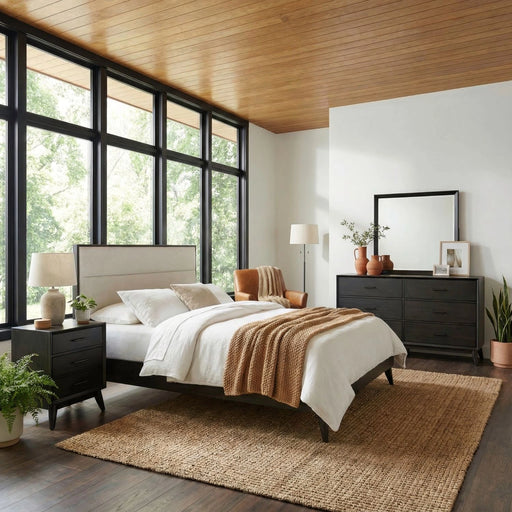 Century Modern Uph Platform Bed, Dresser & Mirror, Night Stand image