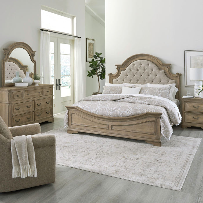 Magnolia Manor - King Uph Bed, Dresser & Mirror, Night Stand