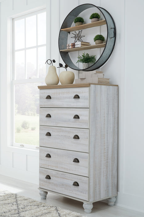 Haven Bay Queen Panel Storage Bed with Mirrored Dresser and Chest