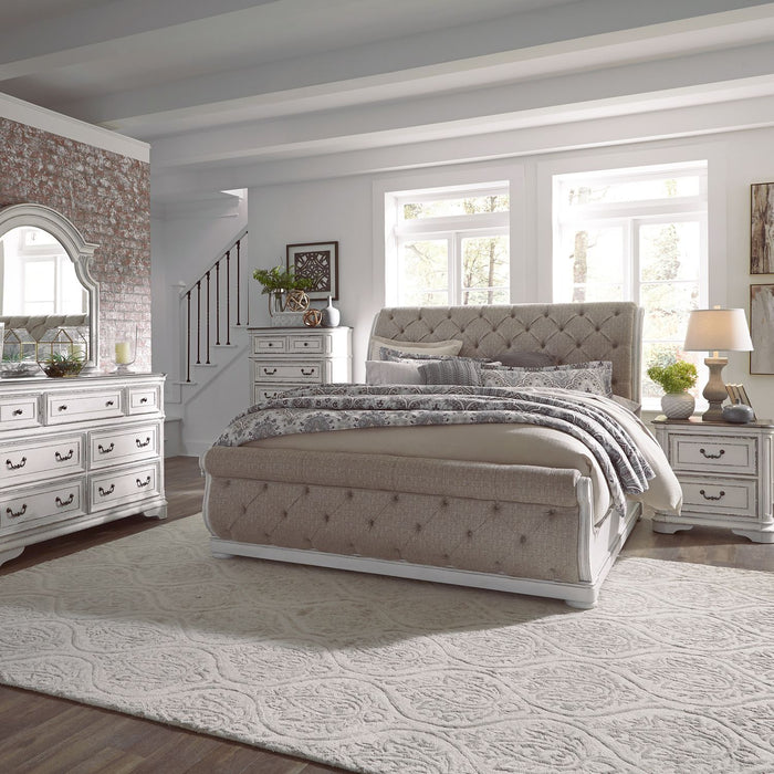 Magnolia Manor - King California Upholstered Sleigh Bed, Dresser & Mirror, Chest, Night Stand