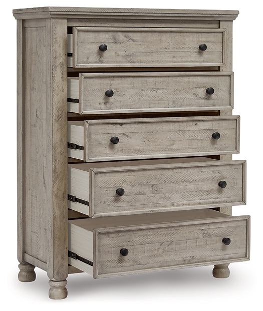 Harrastone King Panel Bed with Mirrored Dresser and Chest